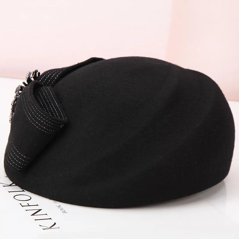 Lady Rhinestone Decorated Fedoras Hat Women\'s Fashion Wool Hat Girls Autumn Winter Short Brim Cap Woolen Cap Small Hat  B-8936