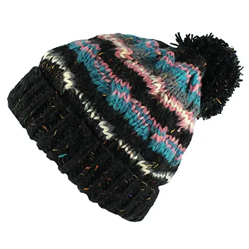 BomHCS Morehats Bohemian Stripe Crochet Knit Slouchy Pom Pom Handmade Beanie Winter Warm Hat