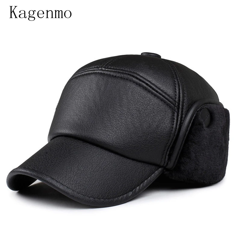 Kagenmo Woolen fur male warm winter hat  windproof breathable cap ear protection man baseball caps bone leather visor