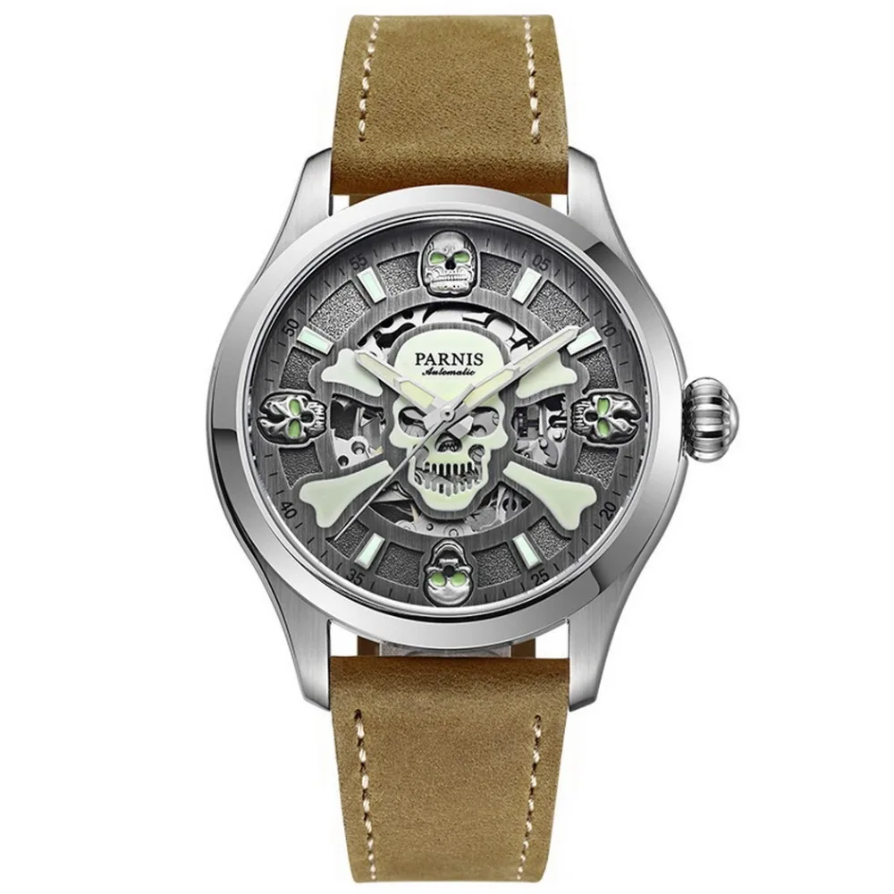 Parnis SKULL Seriers Mens PUNK Style Leather Watchband Fashion Automatic Self Wind Mechanical Watch Wrist Watches