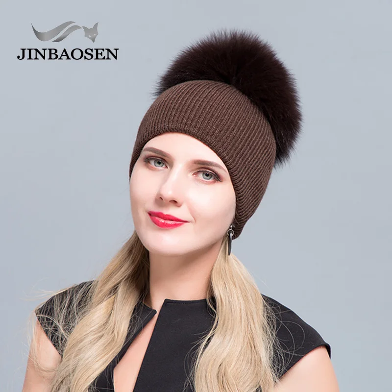 JINBAOSEN  Fur Hat Winter Warm Ear Protective Leather Hat Fox Hair Ball Raccoon Hair Hat Cover Women\'s Ski Cap