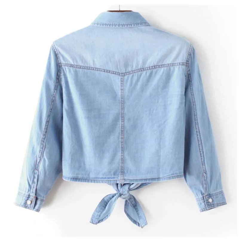 Của phụ nữ Áo Mùa Hè Nữ Denim Jacket Áo Sơ Mi Mỏng Ngắn Knot Khăn Choàng Crop Tops Cardigan Kem Chống Nắng Quần Áo