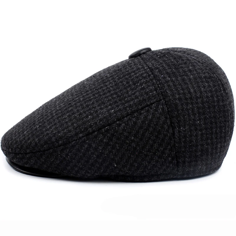 HT1847 Classic Man Cap Autumn Winter Hat with Ear Flap Elder Man Male Dad Hat Warm   Flat Cap Wool Blend Men Beret Cap