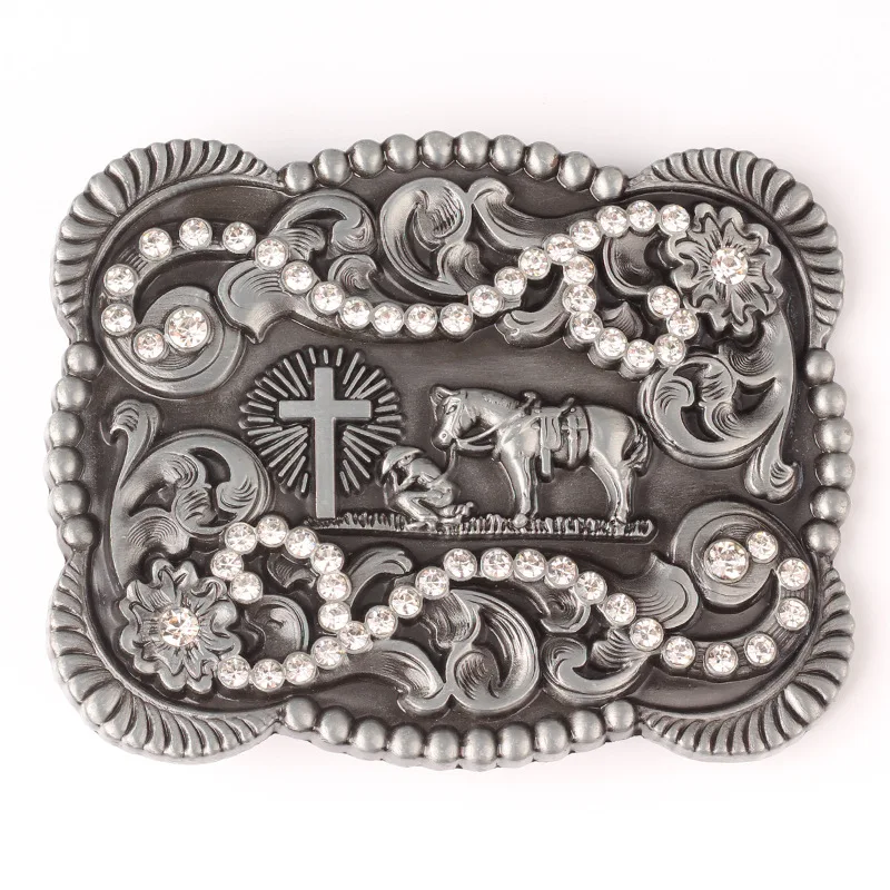 

Western style water drill Cross and horse large belt buckle