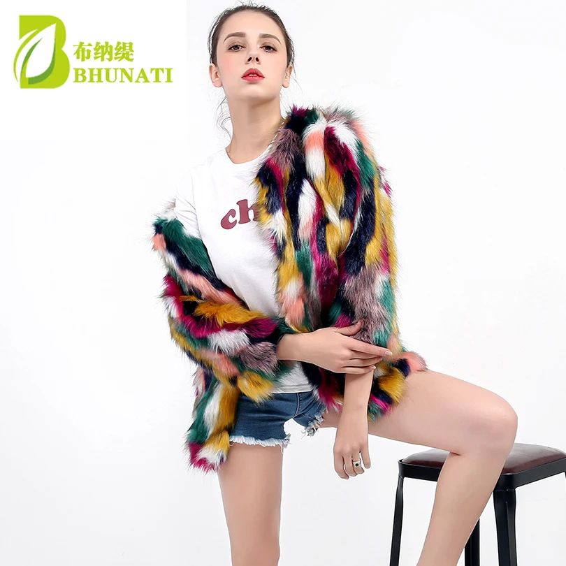 Winter Faux Fur Coat Female Colorful Elegant Faux Fur Jacket Fashion Long Sleeve Crew Neck Casual Faux Fur Jackets For Women