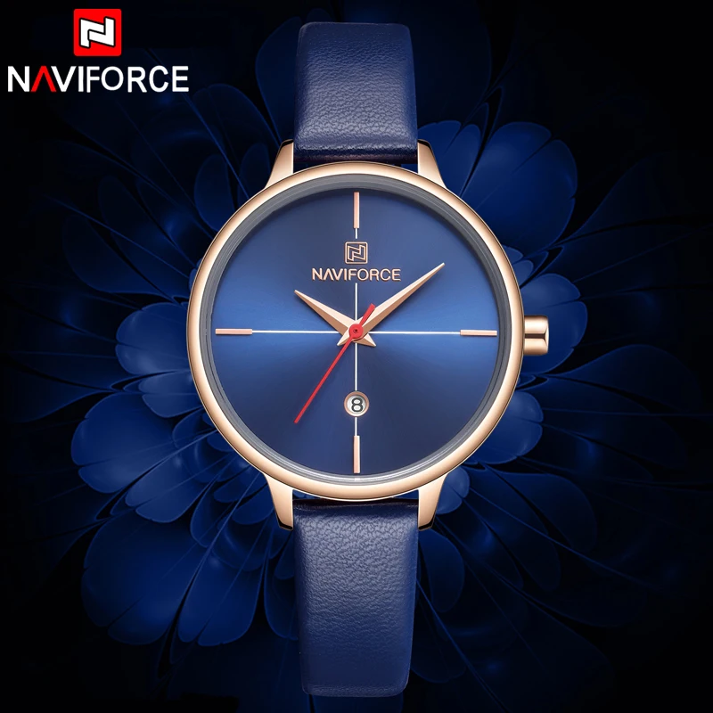 

NAVIFORCE 2019 New Fashion Blue Leather Watches Women Casual Quartz Wristwatch Simple Style Female Waterproof Clock Reloj Mujer