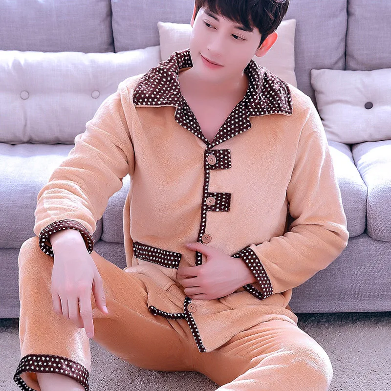 

2pcs Adult Fleece Pajamas Men's Thickening Velvet Long Sleeve Homewear Female Autumn Winter Coral Nightwear Men's Warmwear D2062