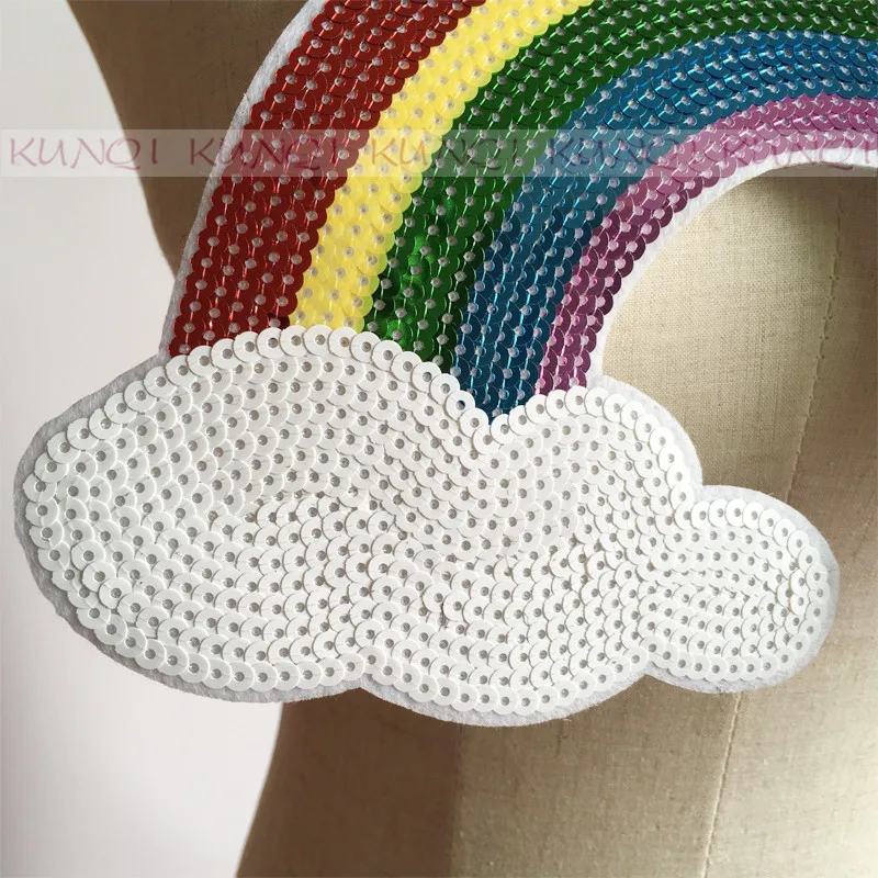 2Pcs 25*15*6cm Large Rainbow Sequins Embroidered  Patches With Glue Cartoon Motif Applique Embroidery Kids,Clothes DIY Accessory