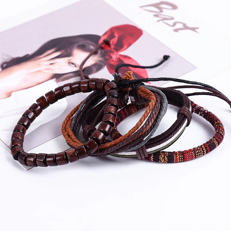 4pcs/set hippie punk boho dark brown leather wood beads wax cord knots wrap wide Bracelets Bangles for man hand jewelry
