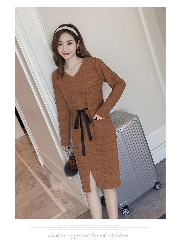 Fashion Autumn Maternity Nursing Dress Long Sleeved Slim Ties Waist Knitted Breastfeeding Clothes for Pregnant Women Pregnancy