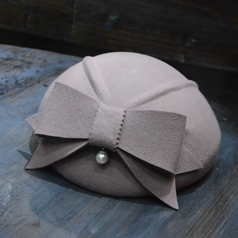 100% Wool Beret Hat Women Wool Felt Cap Ladies Bowtie Wedding Church Fedora Hat WInter Autumn Women Fedoras Caps B-8866