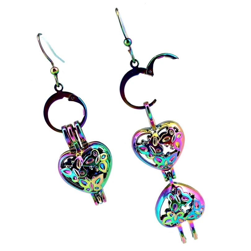 EE-C617 Rainbow Color Heart Pearl Cage Pendant Earrings Hooks with equal or under 9mm Plastic Beads