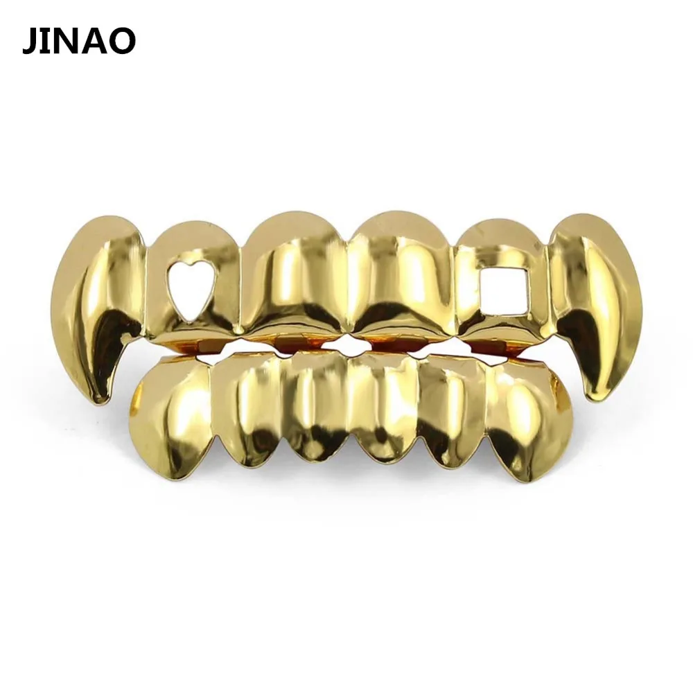 JINAO Gold Color Plated Hip Hop Teeth Grills Caps Hollow Heart Square Top&Bottom vampire teeth Grillz Set for Halloween Party