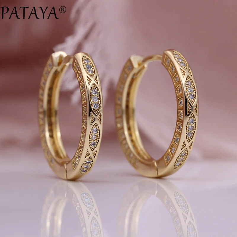 PATAYA New 585 Rose Gold Color Drop Earrings Women Wedding Jewelry White Round Natural Zircon Luxury Fashion Retro Grid Earring