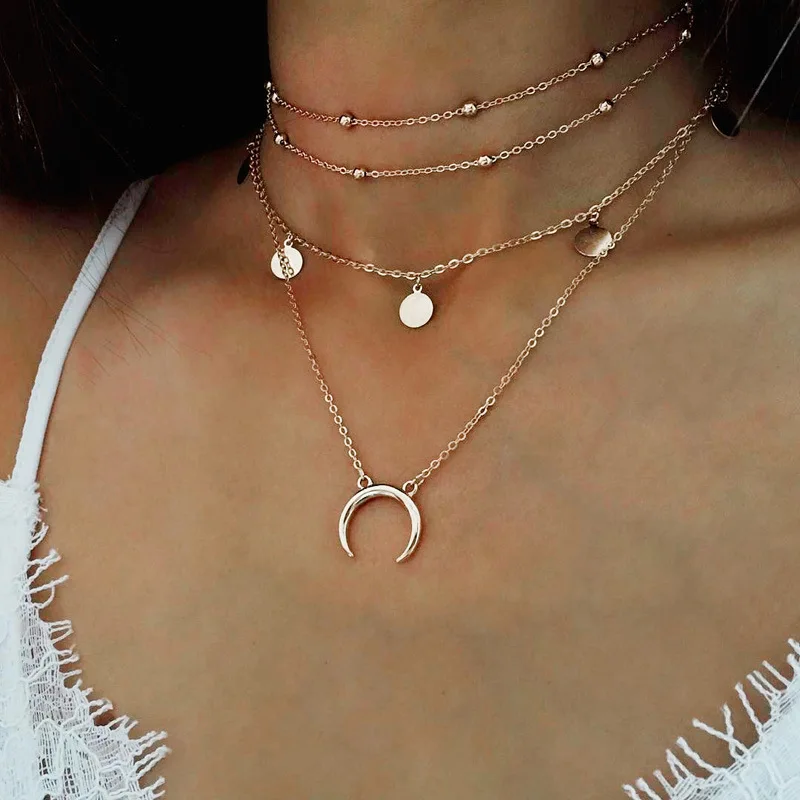 Moon Coin Chocker Boho Chain Multilayer Choker Necklace For Women Necklaces Pendants Collier Femme Bijoux Gargantilha Kolye