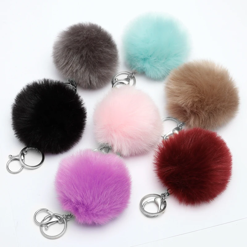 REGELIN 8cm Fake Fur Lovely Fluffy Pompom Brand Bag Keychain Car Keyring Silver color Chains Keychain Fashion Women Jewelry Gift