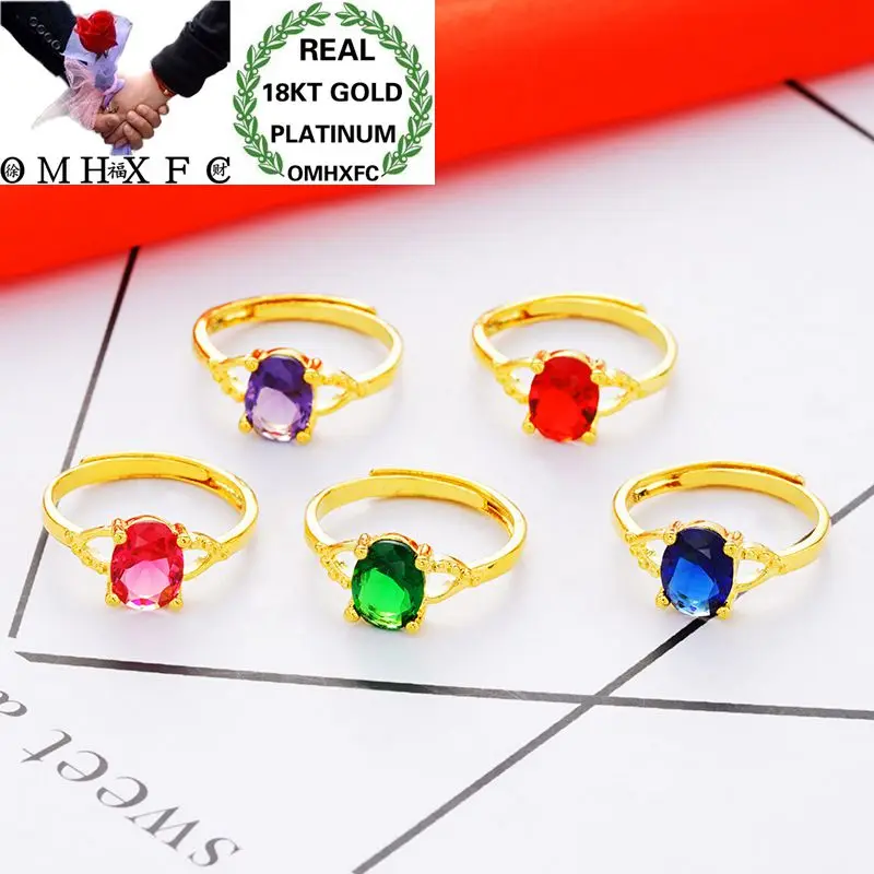 OMHXFC Wholesale European Fashion Woman Girl Party Birthday Wedding Gift Red White Green Oval Zircon 18KT Real Gold Ring RI69