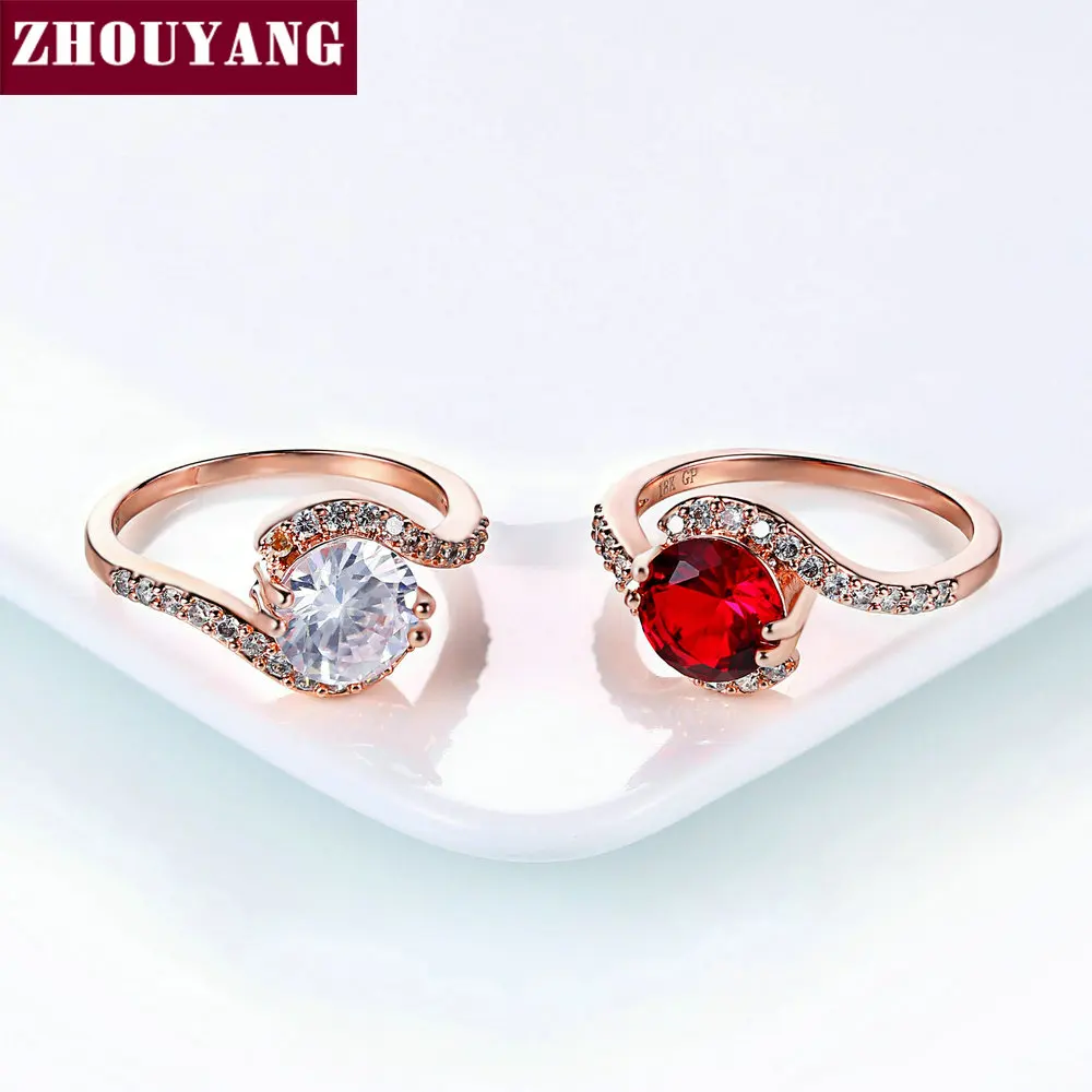 ZHOUYANG Wedding Rings For Women Classic Vivid 8mm Clear / Red Cubic Zirconia Rose Gold Color Fashion Jewelry Gift R389 R399