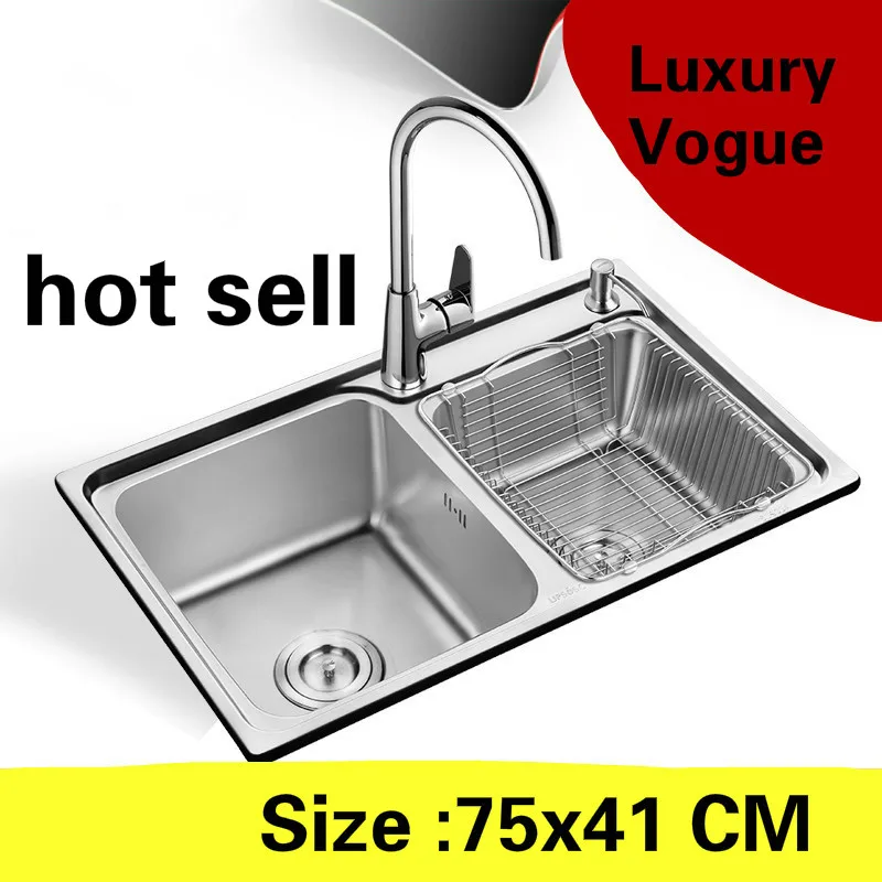 

Free shipping Apartment luxury kitchen double groove sink wash vegetables 304 stainless steel vogue hot sell 750x410 MM