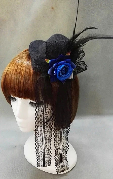 Vintage Halloween Lady Mini Top Hat Black With Red/Blue Rose Feathers Fancy Dress Lolita Hats Handmade