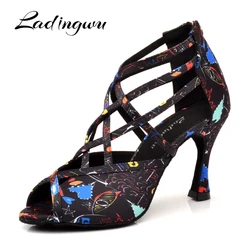 Ladingwu Salsa Dance Shoes Woman Girls Roman boots Latin Dance Shoes Soft Bottom New Modern Floral Satin  Ballroom Dance Shoes