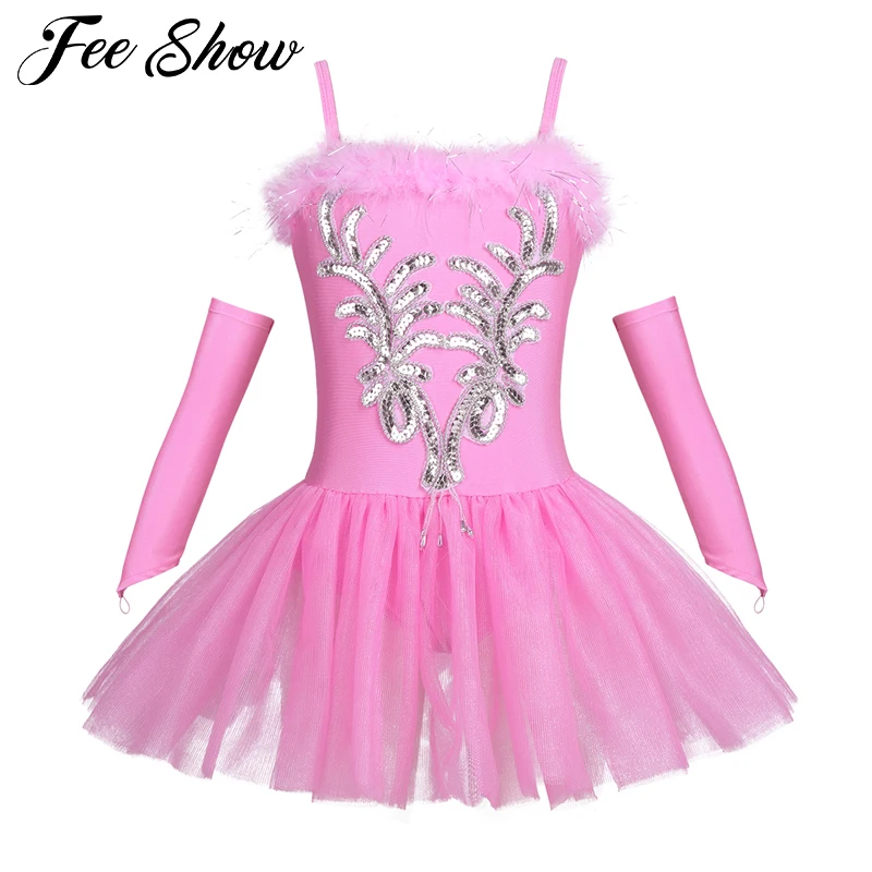 Autumn Winter Kids Girls Dresses Spaghetti Strap Sequined and Beads Flower Ballet Leotard Tutu Dress with Gloves Hair Clip