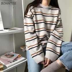 Jerséis suaves de otoño con cuello redondo para mujer, Tops elegantes para uso diario, jersey para mujer, prendas de vestir holgadas de punto Harajuku a rayas para estudiantes