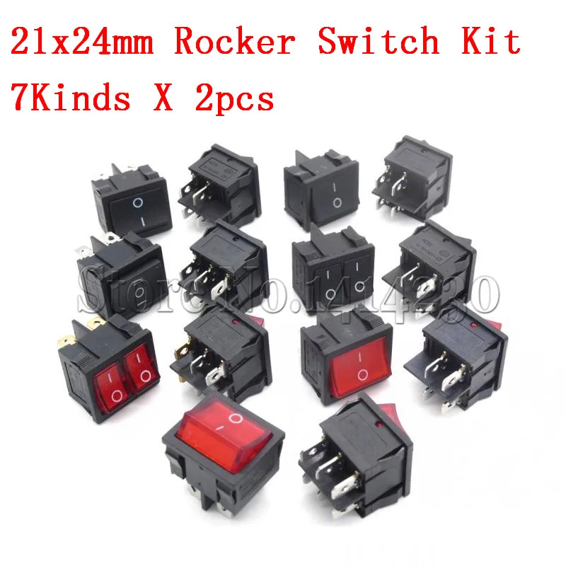 14Pcs=(1Pack) KCD5 21x24mm 21*24mm Rocker Switches Kit 4 Pin 6Pin 2 Position 3 Position 6A/12A 250VAC ON-OFF ON-OFF-ON 7Kinds