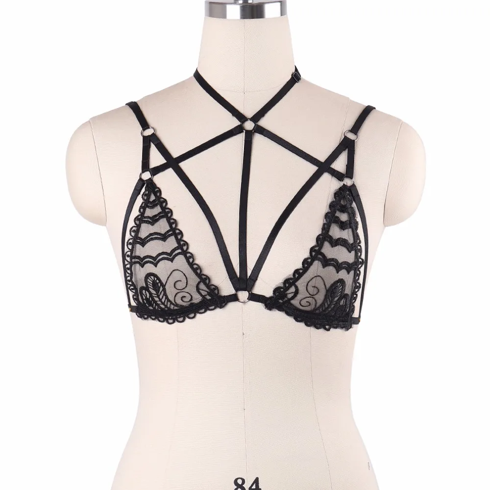 

Fetish Black Lace Sheer See Through Cage Bralette Sexy Elastic Crop Top Body Harness Adjustable Strappy Top Cage Bikini DO0568