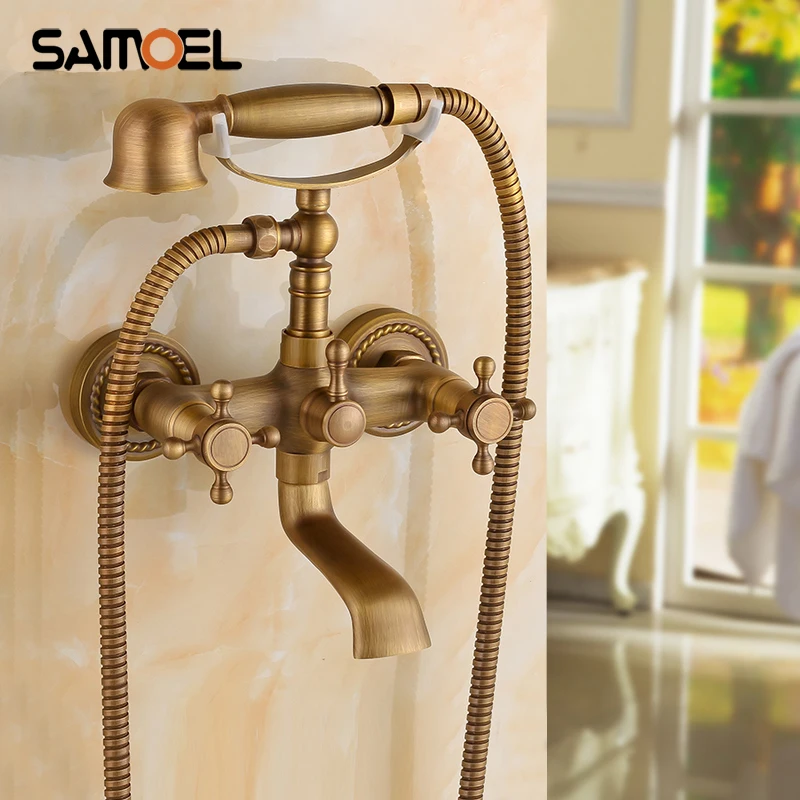 

Luxury European Style Telephone Set Shower Faucet Antique Brass Classic Handshower Elegant Shower Mixer Taps SF1010