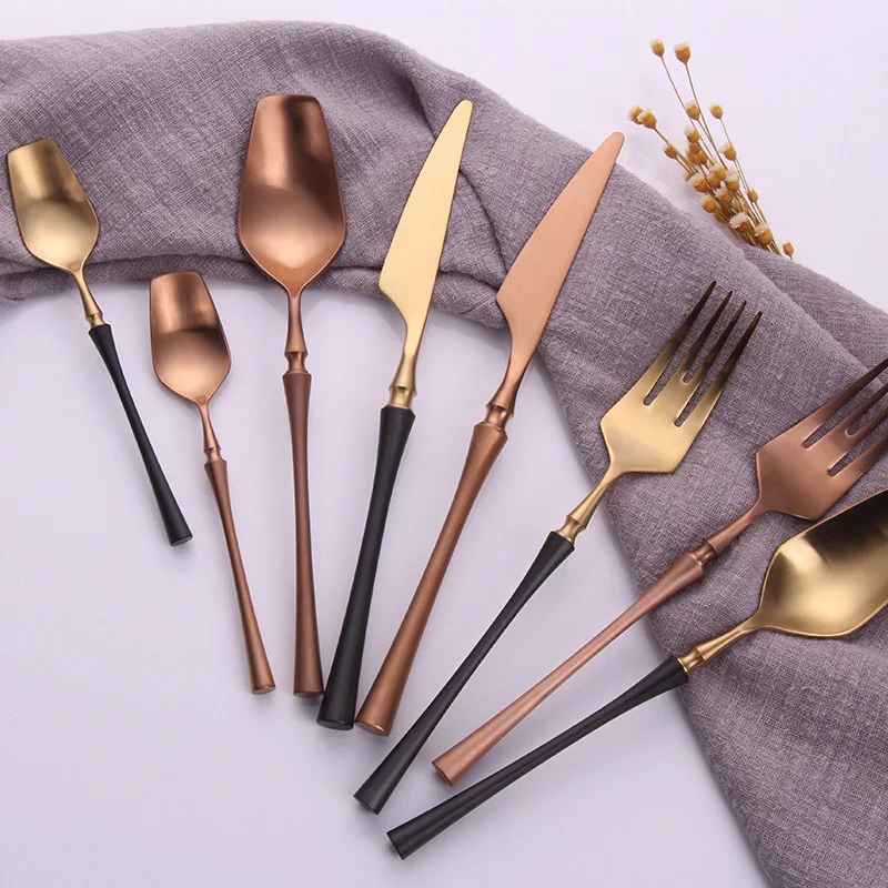 Pure Gold Matte Cutlery 18/8 Stainless Steel 4pieces Portable Metal Restaurant Dinnerware Knife Fork Set Tableware Christmas