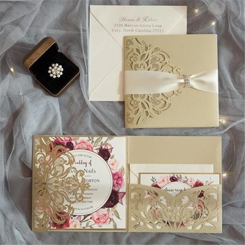 50PCS Ivory Tri-Fold Laser Cutout Openwork Flower Wedding Invitation Card Set Postcard High-end Business Dealings Can Print