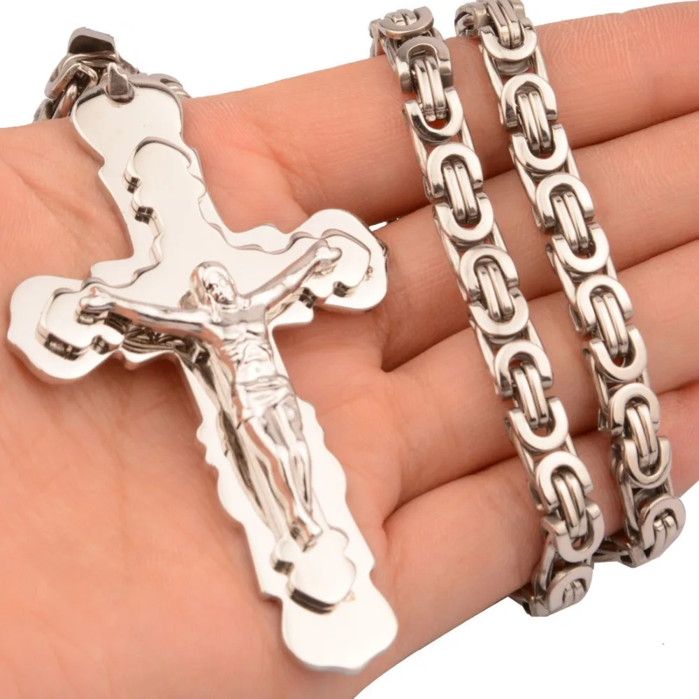 

New Fashion 316 Stainless Steel Men Women Silver Color Cross Pendant Necklace with 6mm 18-30 Inch Byzantine Link Chain