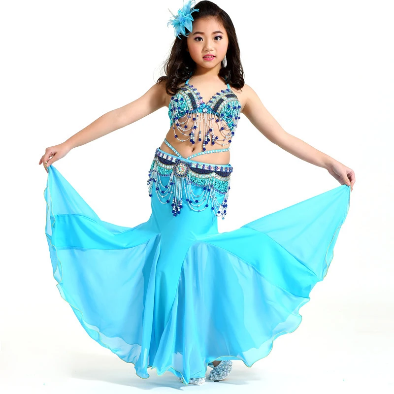 2018 New Children Belly Dance Clothes 3-piece Oriental Outfit Belly Dance Costume Set Competition Fishtai Skirts #865-1