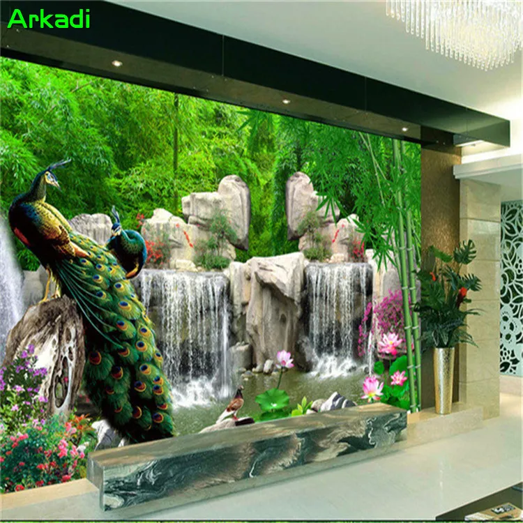 

3D garden scenery natural wallpaper bamboo waterfall rockery peacock TV background wallpaper living room sofa bedroom background