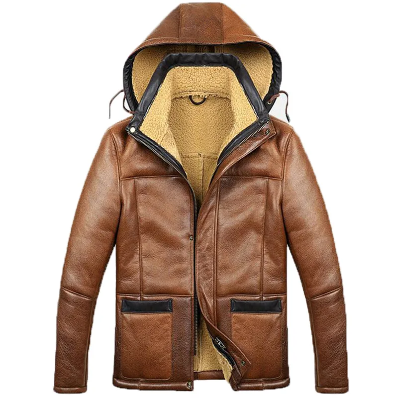 

Denny&Dora B3 B6 Mens Hooded Sheepskin Shearling Bomber Jacket Hooded Detachable Brown Color