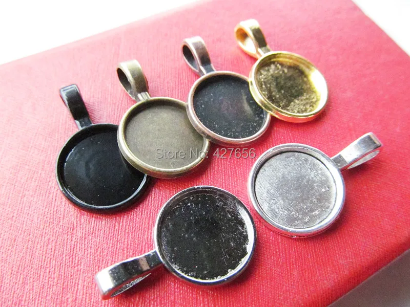 50pcs Round Frame Base Bezel Setting Tray Pendant Charm/Finding,fit 14mm Cabochon/Picture/Cameo,Big Bail Hook,6 Colors