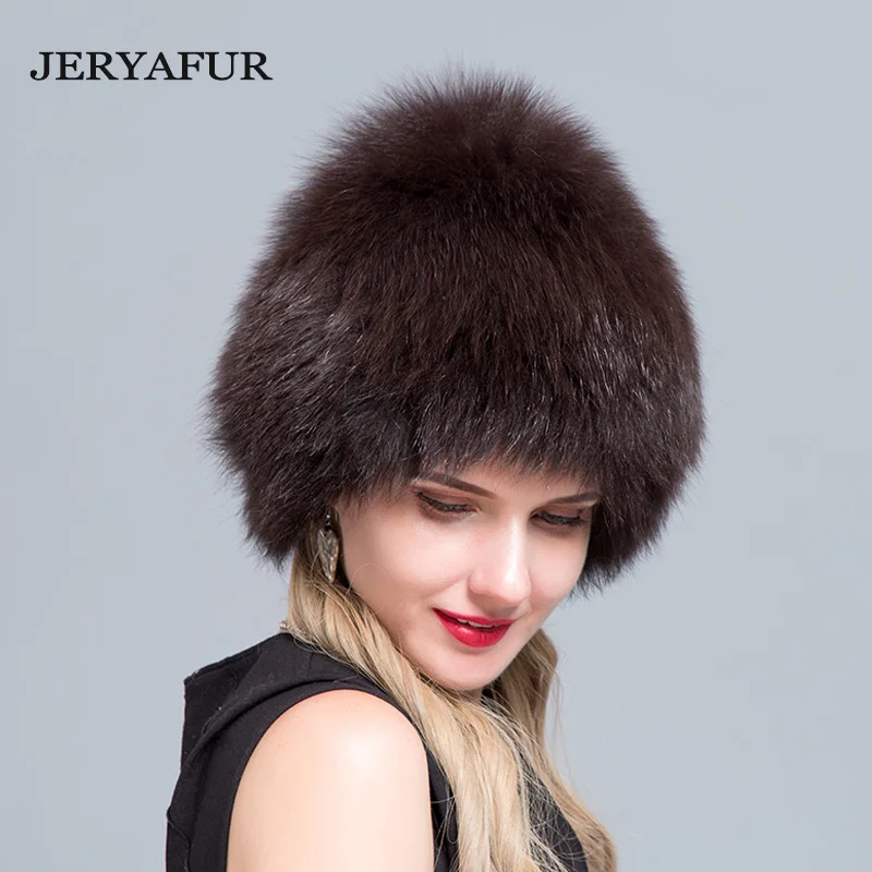 JERYAFUR  NEW Bomer Caps Women Winter Fur Hat Genuine Fox Fur Hats Knitted Silver Fox Fur Caps Female