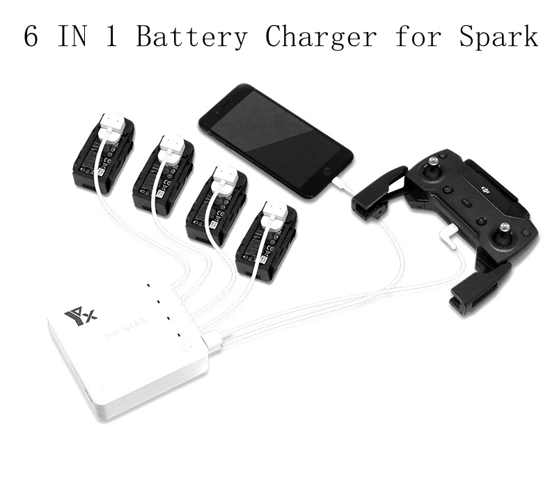 6 In 1 Intelligent Spark Battery Remote Controller Charger Smart Fast Charging Same Time Hub USB Ports Parts For DJI Spark Drone