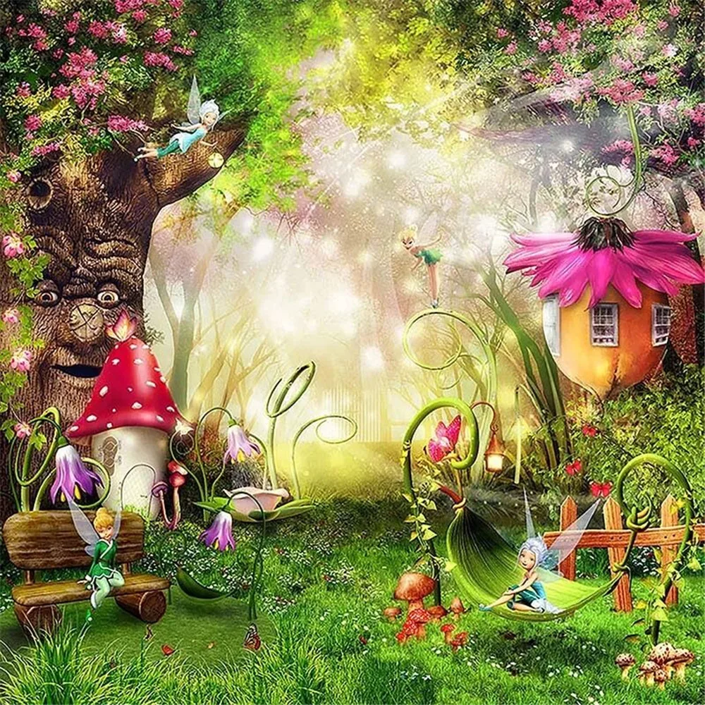 

Fairytale Wonderland Enchanted Forest Background Old Tree Flowers Mushrooms Fairies Princess Baby Girl Birthday Party Backdrop