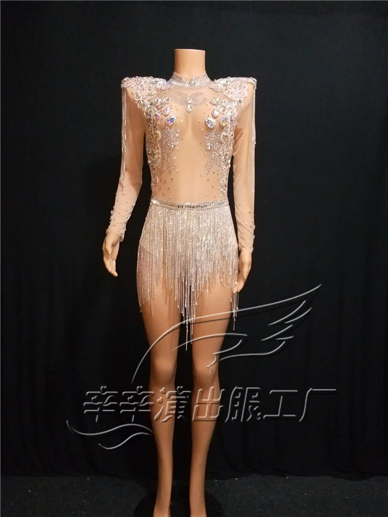 2020 Women New Singer Hosts Transparent Mesh High-end Shiny Rhinestone Bodysuit Shiny Tassel Epaulettes One Piece Costumes