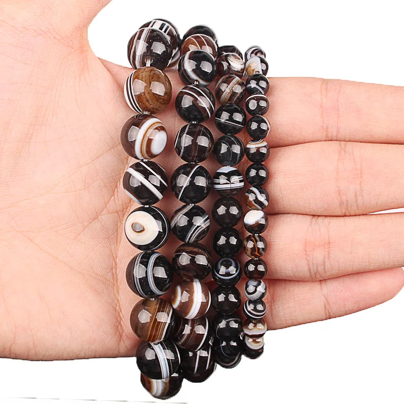 Natural Stone Top Grade Coffee Onyx Stripe Agates Round Loose Beads 6 8 10 12 14MM DIY Bracelet Necklace Bead For Jewelry Making