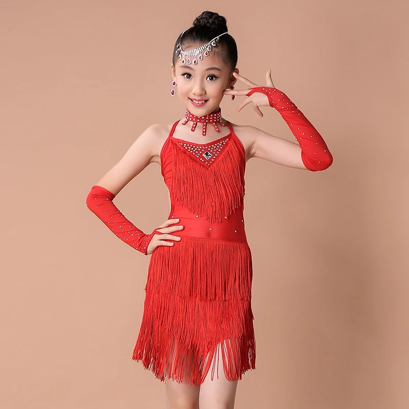 Blue Red Rose Girl Fringe Paillette Latin Dance Dress for Girls Tassel Salsa Kids Ballroom Dresses Tango Costume