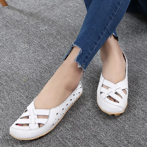 Ballet Flats 2024 Women Genuine Leather Shoes Women Soft Bottom Hollow out Shoes Slip on Breathable Women Shoes Flats