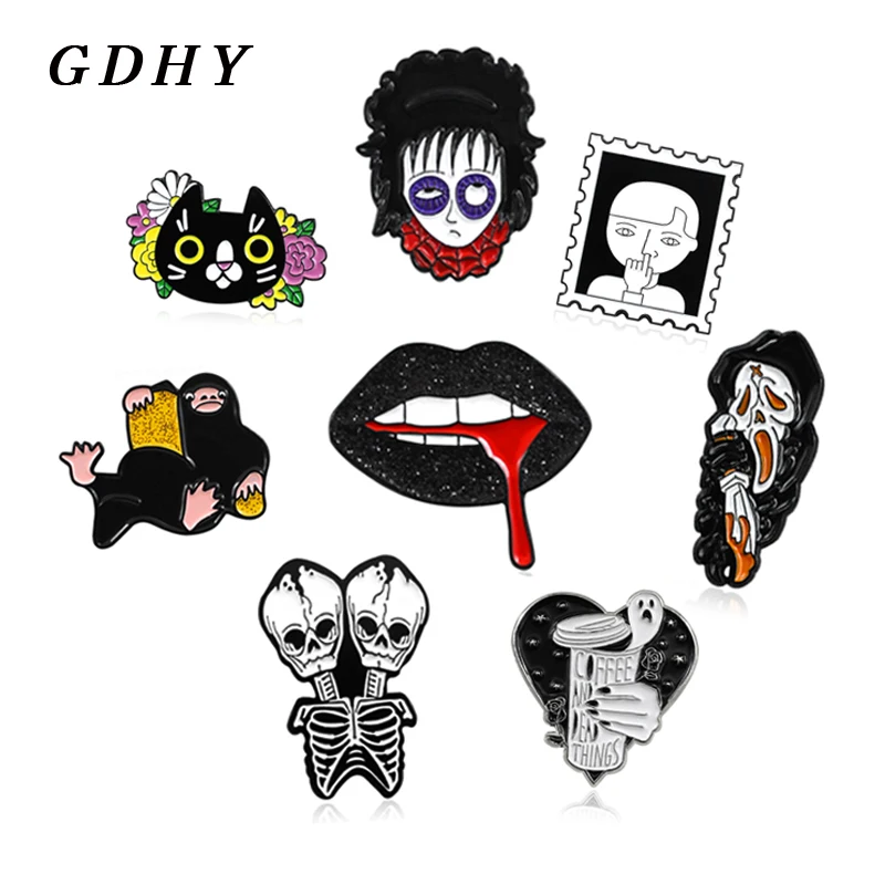 GDHY Black And White Pins Skeleton Zombie Death Devil Lips cat Animals Stamp Boy Digging Nostril Brooch Halloween Enamel Pin