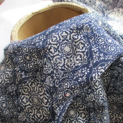 100cm*145cm Natural linen fabric Chinese ethnic blue white print cloth patchwork quilting material zakka linen