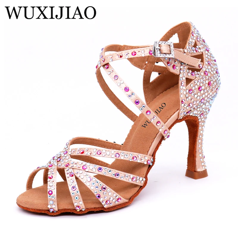 WUXIJIAO Women Salsa party Ballroom shoes Latin dance shoes big small rhinestone shining Bronze Skin Black satin Cuba heel 9cm