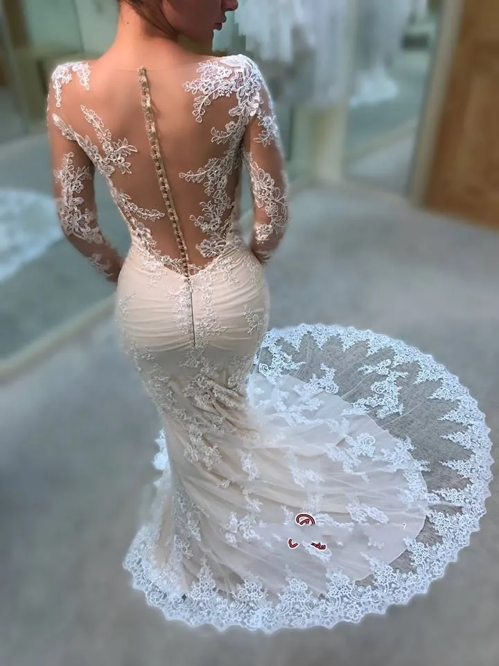 Robe De Mariage Long Sleeve Appliques Sexy Mermaid Wedding Dresses 2019 Lace Button Bride Wedding Gowns Vestido De Noiva