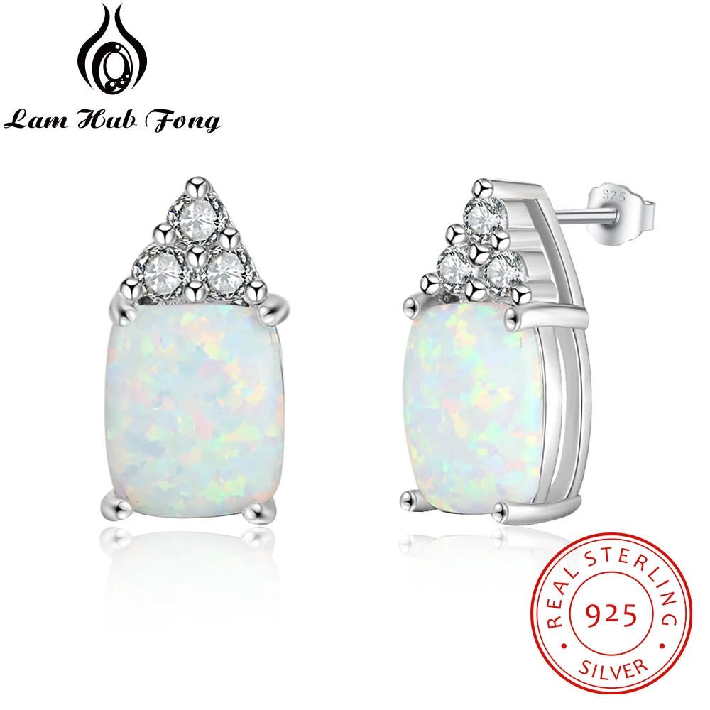 Rectangle White Opal Earrings for Women 925 Sterling Silver Stud Earrings with Cubic Zirconia Fine Jewelry (Lam Hub Fong)