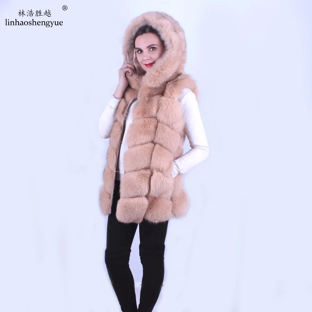 

Linhaoshengyue Fox Fur Women Vest With Big Hood 100% Fox Fur